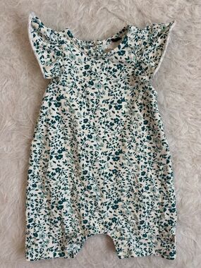 deux par deux Baby Girl Organic Cotton Cream Romper with Teal Floral Print